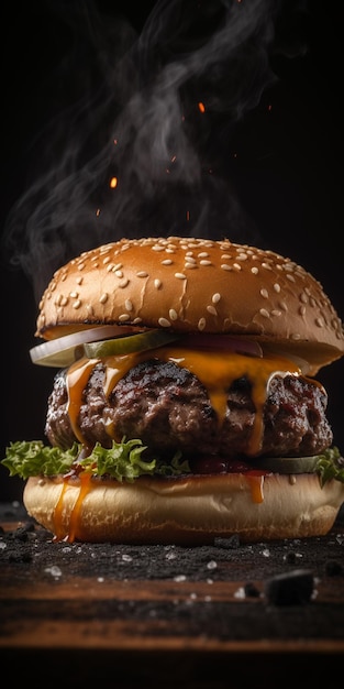 Fotografia di un hamburger gourmet condita con cipolla di lattuga croccante pomodoro cheddar bistecca