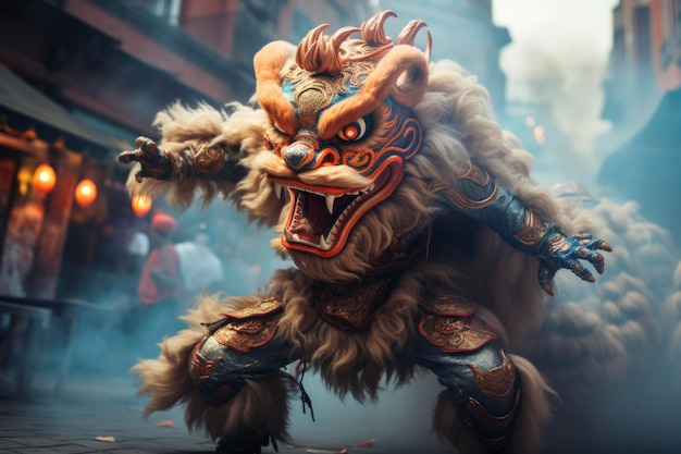 Fotografia di un leone cinese che balla per strada