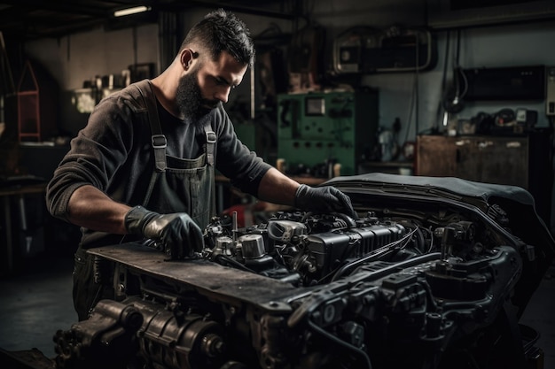 Fotografia di un meccanico automobilistico che lavora con un motore nel suo laboratorio creato con l'AI generativa