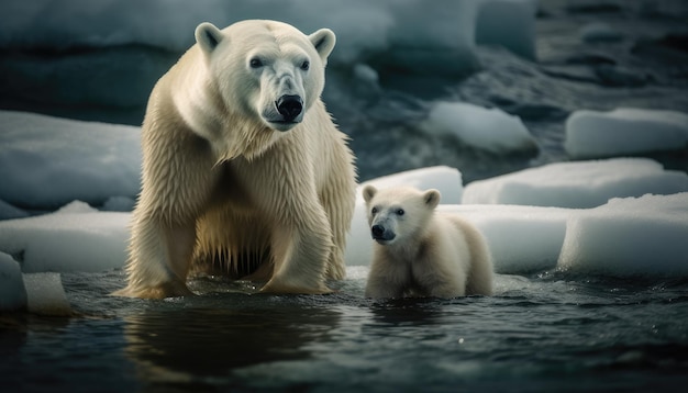 Fotografia di un orso polare e del suo cucciolo che è stato lasciato in mezzo ai ghiacciai come il ghiaccio