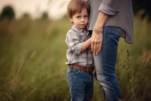 Fotografia di un ragazzino che tiene sua madre per la vita creata con l'AI generativa