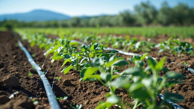 Fotografia di un sistema di irrigazione a goccia che fornisce acqua a un campo di semi appena piantati