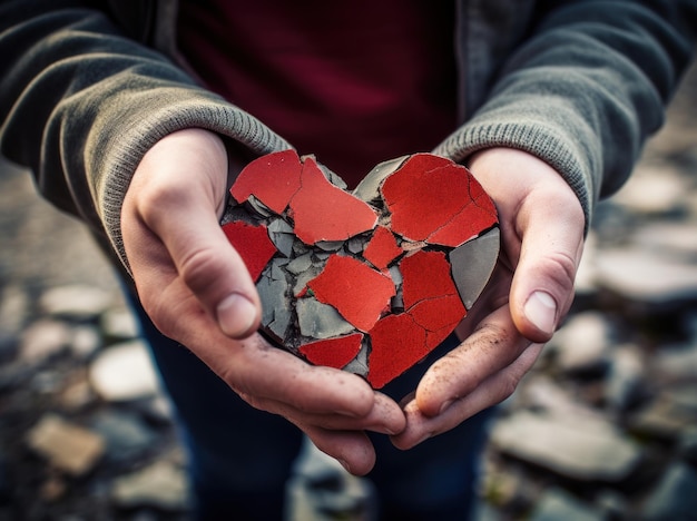 Fotografia di un uomo che tiene un cuore rosso di pietra rotto