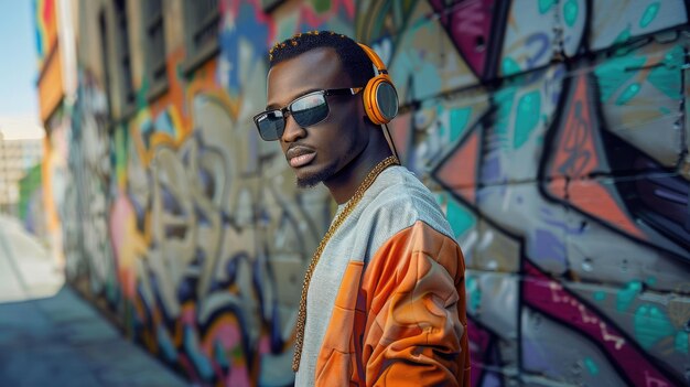 Fotografia di un uomo come un hip hop che indossa una camicia a maniche lunghe sulla strada dei graffiti