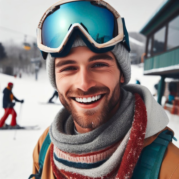 fotografia di un uomo felice che indossa occhiali da sci trascorre il fine settimana in una stazione sciistica vacanza invernale concetto ai