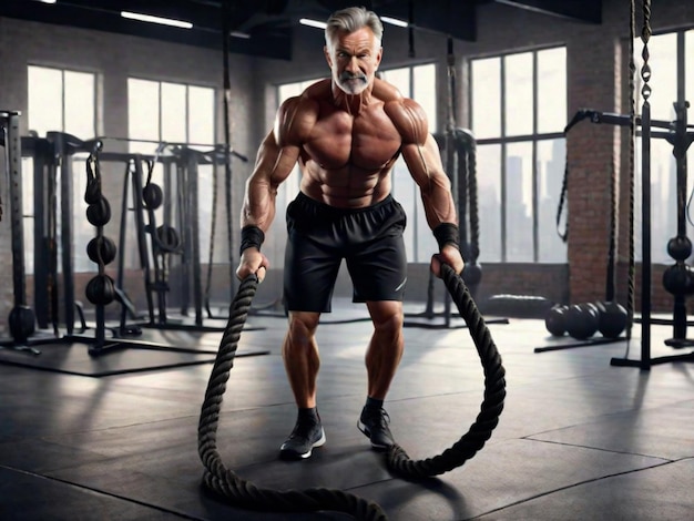 Fotografia di un uomo maturo in piedi e che usa le corde di battaglia in palestra durante il suo allenamento