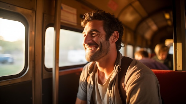 Fotografia di un uomo sorridente seduto in un treno uomo che viaggia con i trasporti pubblici