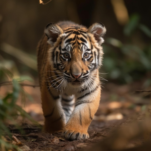 Fotografia di una bambina di tigre in corsa da vicino