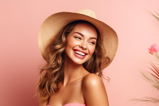 Fotografia di una bella donna sorridente che indossa un top corto e un cappello di paglia