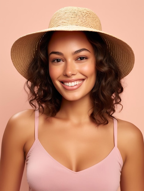 Fotografia di una bella donna sorridente che indossa un top corto e un cappello di paglia