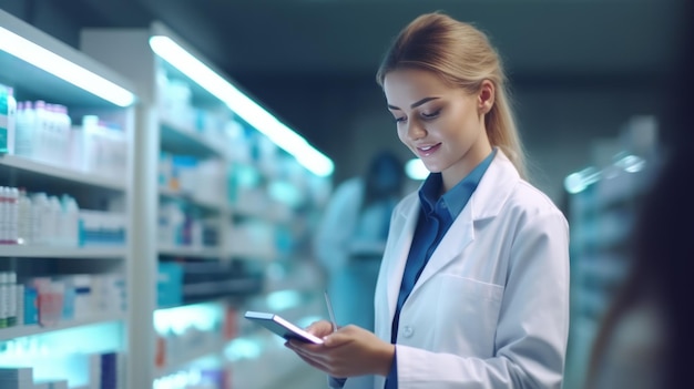 fotografia di Una bella farmacista utilizza un tablet digitale