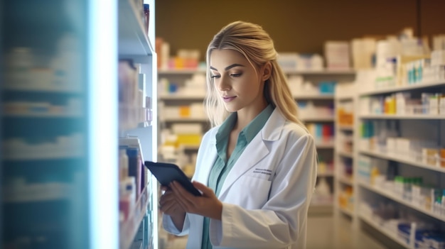 fotografia di Una bella farmacista utilizza un tablet digitale