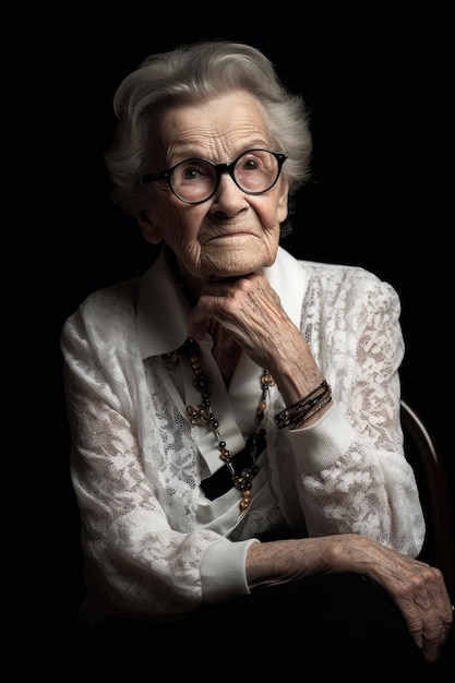 Fotografia di una donna anziana seduta e che indossa occhiali creati con l'AI generativa
