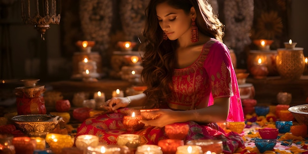 Fotografia di una donna indiana che tiene in mano lampade ad olio per la felice festa di Diwali