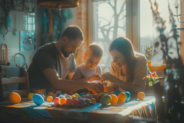 Fotografia di una famiglia che trascorre del tempo insieme mentre dipinge un uovo di Pasqua