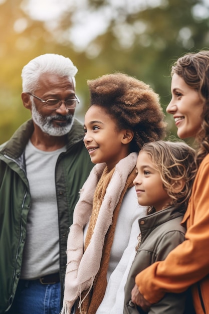 Fotografia di una famiglia diversificata che trascorre del tempo insieme all'aperto creata con l'AI generativa