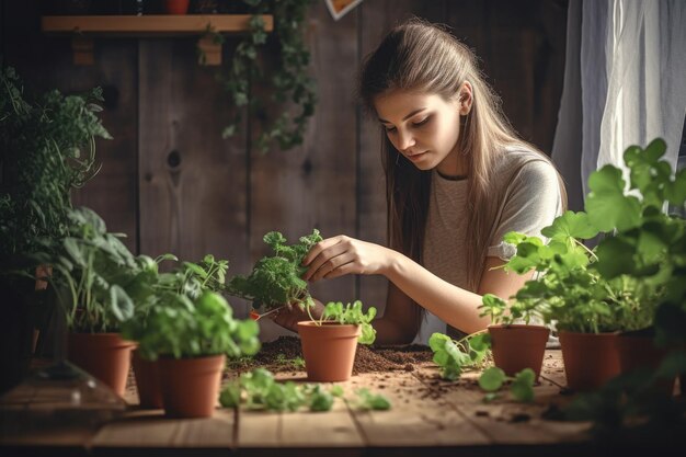 Fotografia di una giovane donna che lavora al giardino interno creata con l'AI generativa