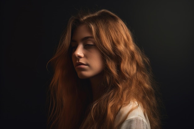 Fotografia di una giovane donna con i capelli aperti che posa in studio creata con l'AI generativa