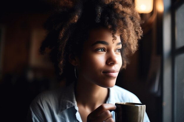 Fotografia di una giovane donna con una tazza di caffè nel suo studio creata con l'AI generativa