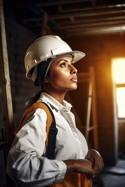 Fotografia di una giovane donna costruttrice al lavoro creata con l'AI generativa