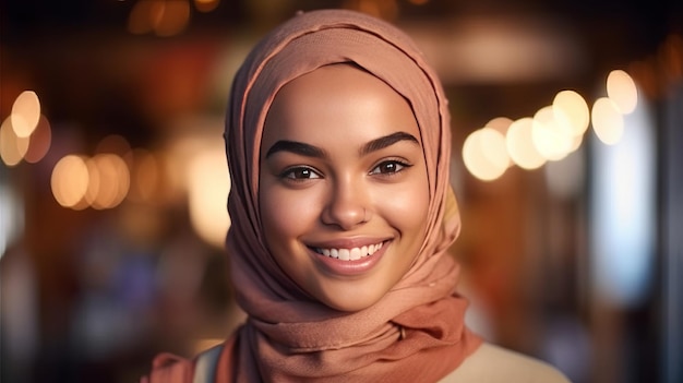 fotografia di una giovane donna etnica sorridente in hijab teleobiettivo illuminazione naturale realistica