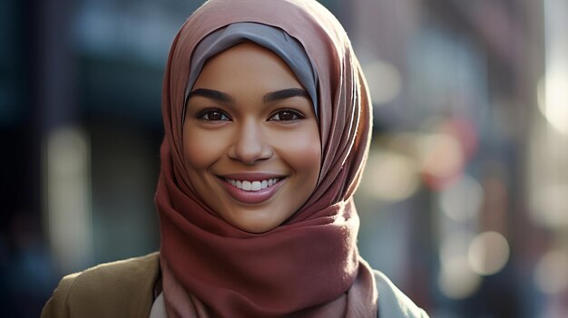 fotografia di una giovane donna etnica sorridente in hijab teleobiettivo illuminazione naturale realistica