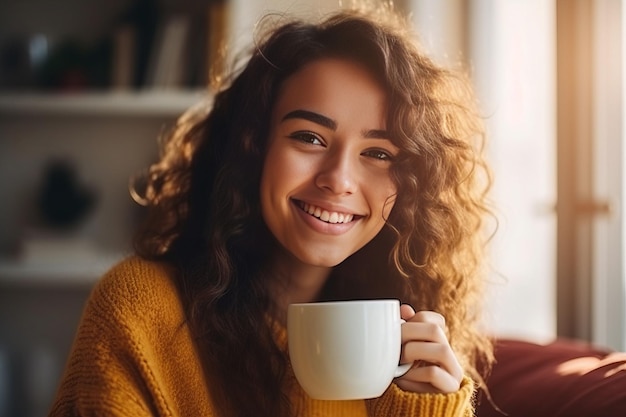 fotografia di una giovane donna gioiosa che si gode una tazza di caffè a casa