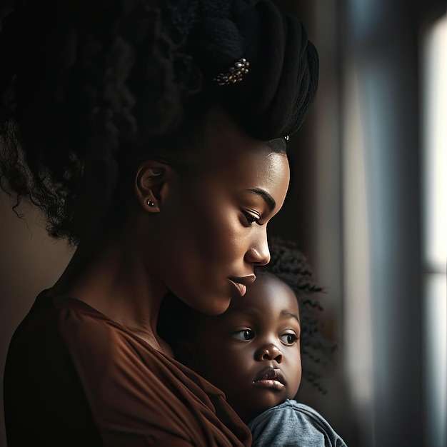 Fotografia di una madre che tiene in braccio il suo bambino e le dà il suo amore