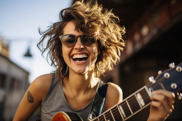 fotografia di una musicista femminile sorridente che indossa occhiali con obiettivo grandangolare, illuminazione realistica