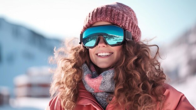 fotografia di una ragazza felice che indossa occhiali da sole mentre trascorre il fine settimana in una località sciistica durante le vacanze invernali