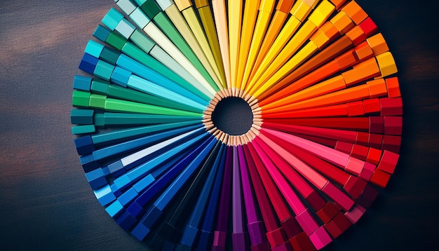 Fotografia di una ruota di colori fatta interamente con matite colorate