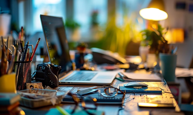 Fotografia di una scrivania d'ufficio occupata durante