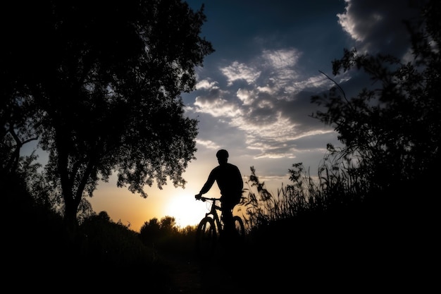 Fotografia di una silhouette di un uomo in bicicletta all'aperto creata con l'AI generativa