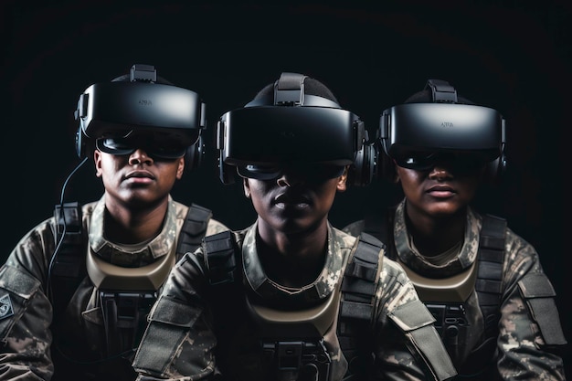 Fotografia di una squadra di tre soldati Tecnologia militare VR Soldati che indossano occhiali protettivi