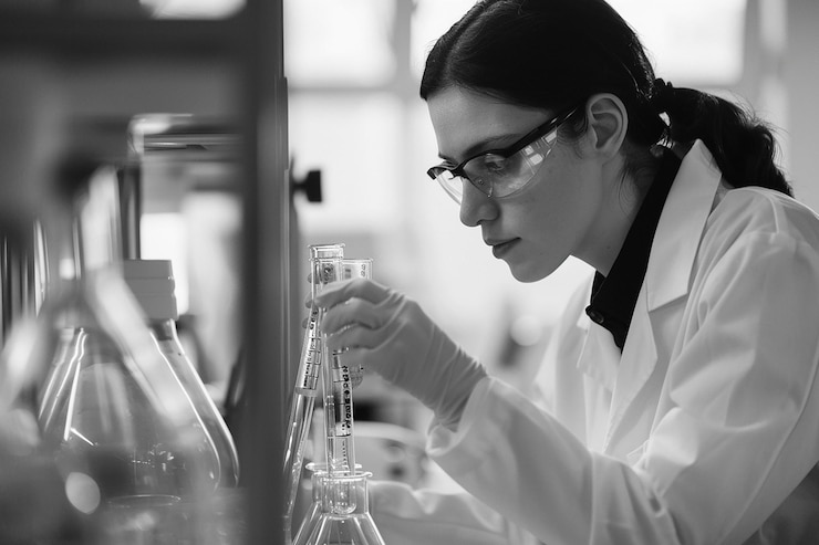 Foto fotografia di uno scienziato professionista in un laboratorio chimico