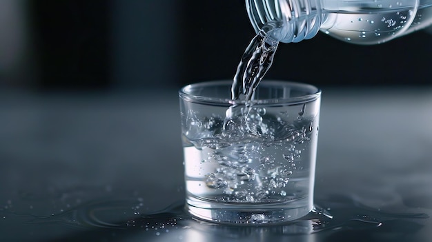 Fotografia di versamento di acqua da una bottiglia di plastica in un bicchiere trasparente con bianco con percorso di ritaglio