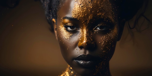 Fotografia editoriale di una donna africana gocciolante in oro e glitter AIGenerato