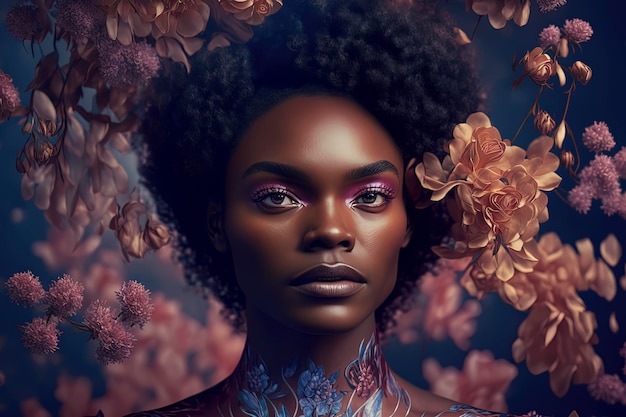 Fotografia editoriale donna nera ispirata ai fiori di pesco iridescenti olografici celesti AIGenerato