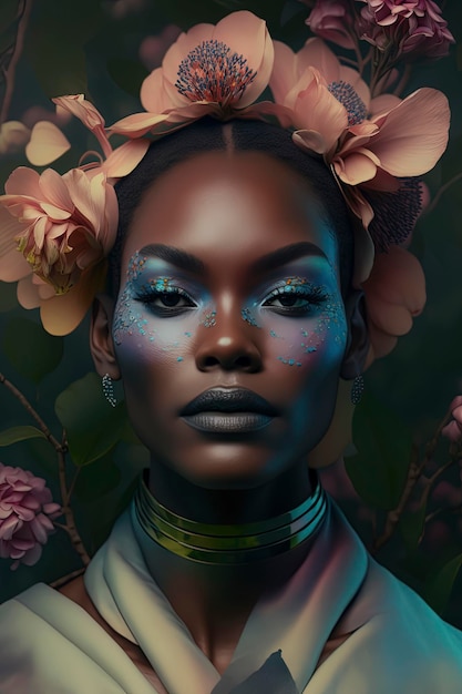Fotografia editoriale donna nera ispirata ai fiori di pesco iridescenti olografici celesti AIGenerato