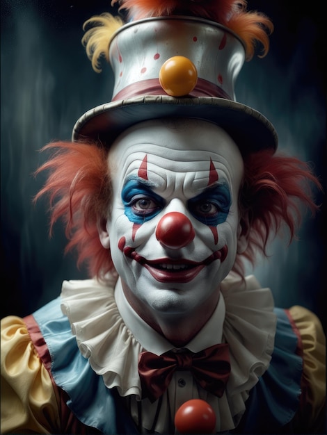 Fotografia fantasy di un clown ultra realistico in una luce drammatica