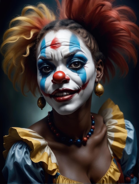 Fotografia fantasy di una donna clown ultra realistica in una drammatica nebbia leggera