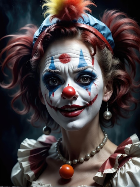 Fotografia fantasy di una donna clown ultra realistica in una luce drammatica