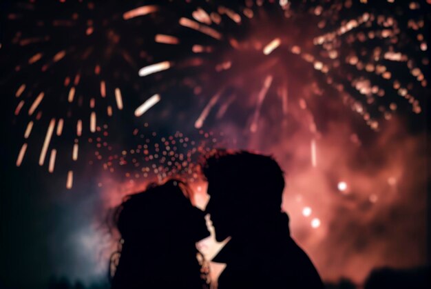 Fotografia fuori fuoco di una silhouette di una coppia con i fuochi d'artificio di Capodanno sullo sfondo