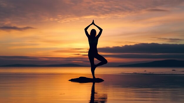 Fotografia gratuita dell'albero dello yoga sulla spiaggia con il tramonto