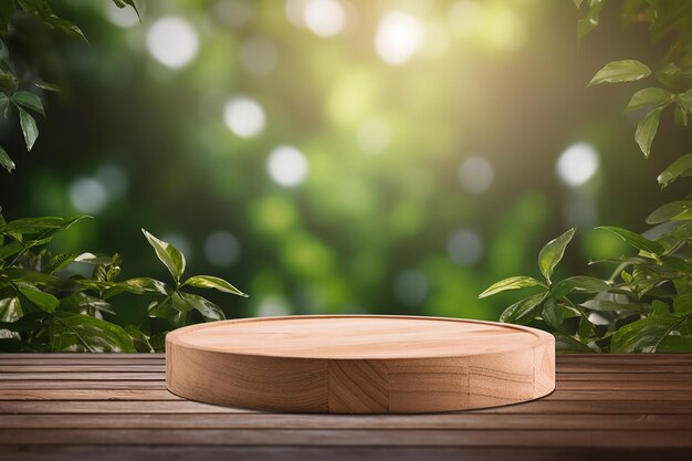 Fotografia gratuita di un podio di esposizione di prodotti in legno con foglie di natura sfocate sullo sfondo generativo ai
