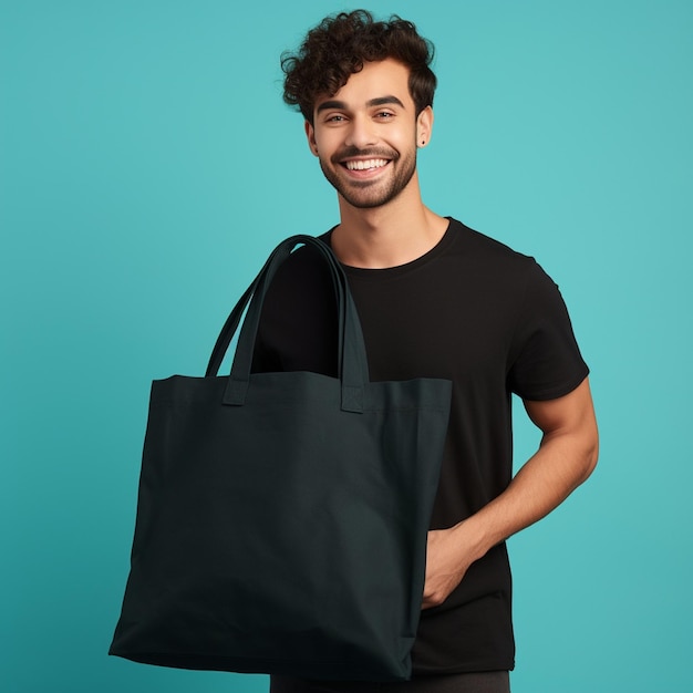 Fotografia gratuita modello maschio con borsa nera isolata