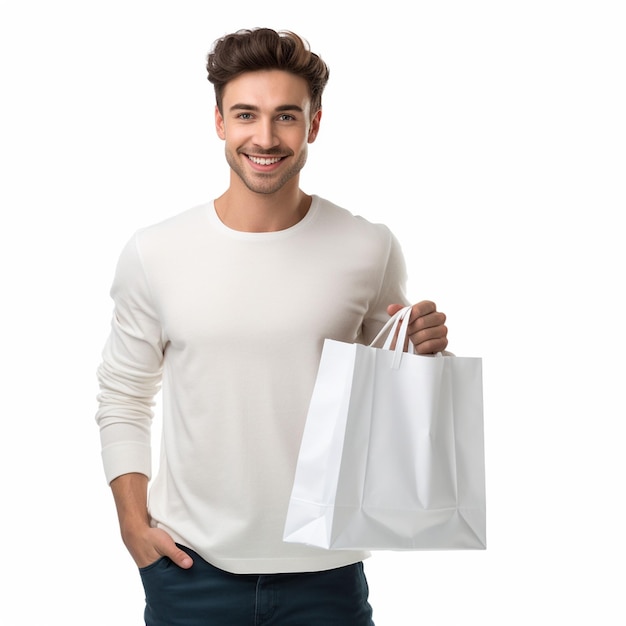 Fotografia gratuita modello maschio con una borsa bianca isolata