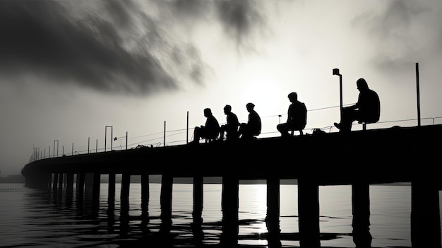 Fotografia in bianco e nero di persone che riposano su un concetto di silhouette di un molo sul mare