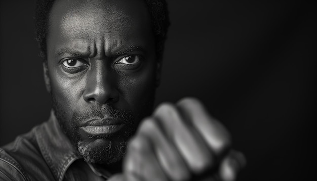 Fotografia in bianco e nero sguardo intenso di un orgoglioso uomo afroamericano pugno alzato