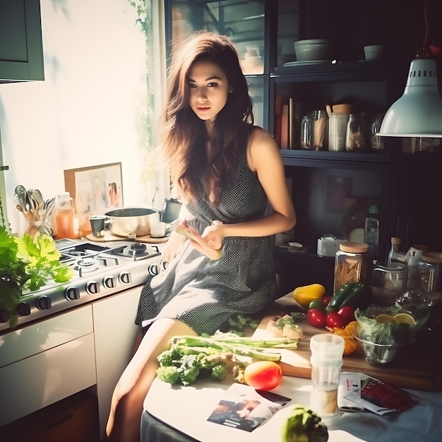 fotografia in stile polaroid di una bella donna con un bel corpo attraente in cucina